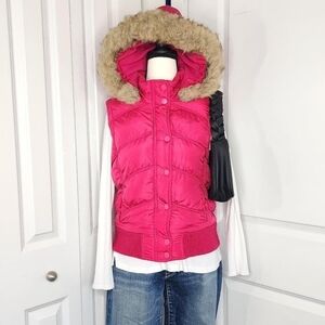 Y2K Aéropostale Hot Pink Puffer Zip-Up Vest w/ Faux Fur Trim Hood